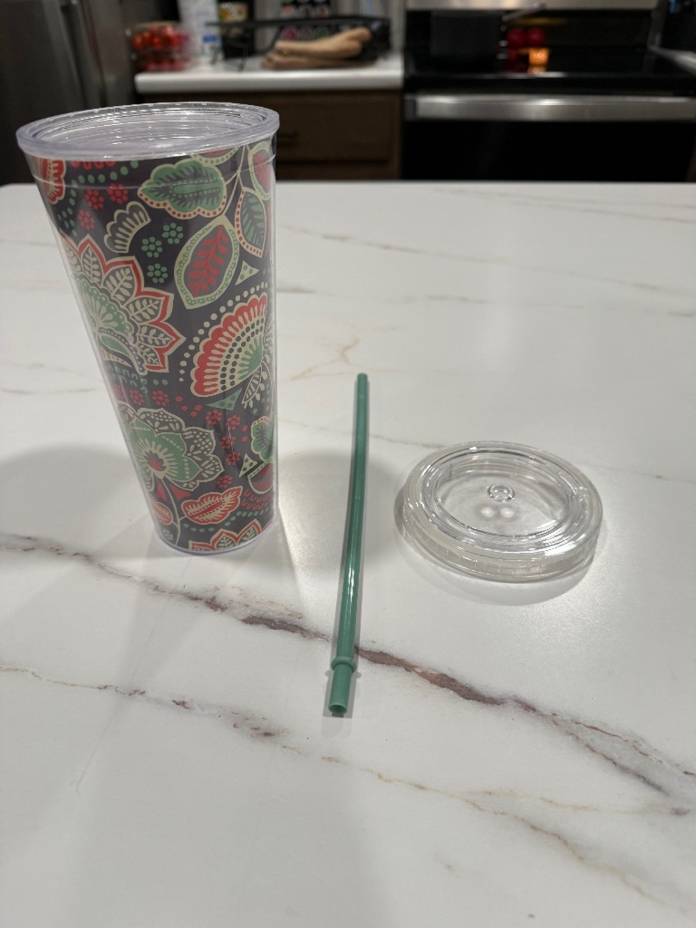 Vera Bradley Acrylic Travel Tumbler, featuring a vibrant folk-art floral paisley